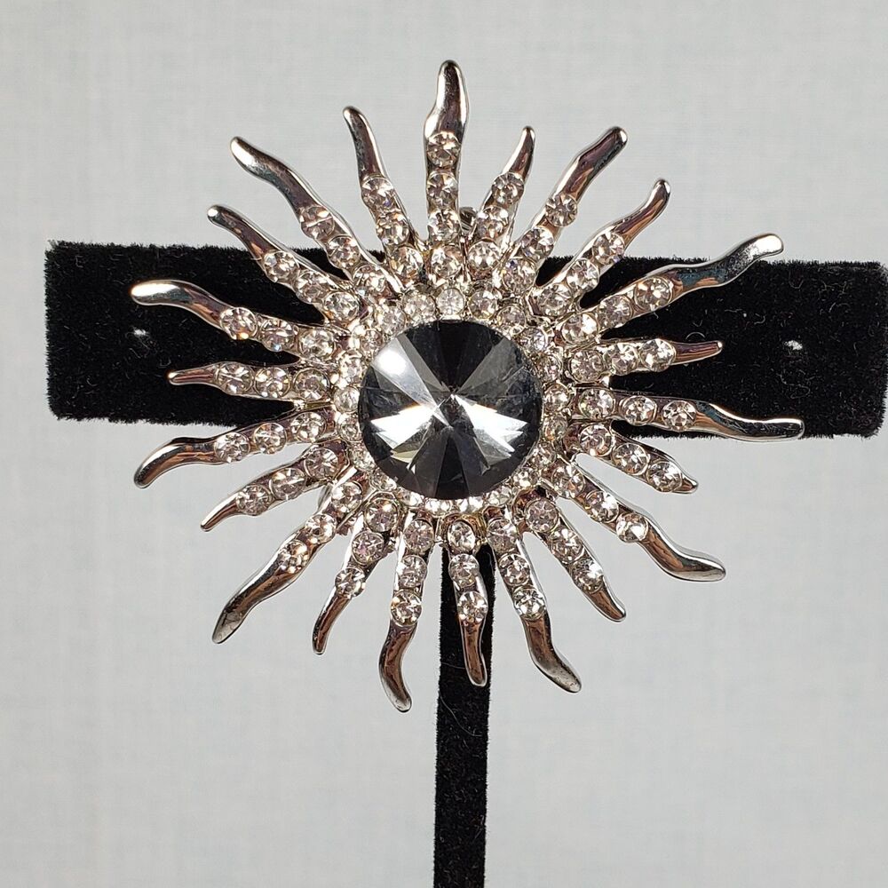 Vintage Rovollie Gray Crystal Rhinestone Sunburst Sun Statement Brooch